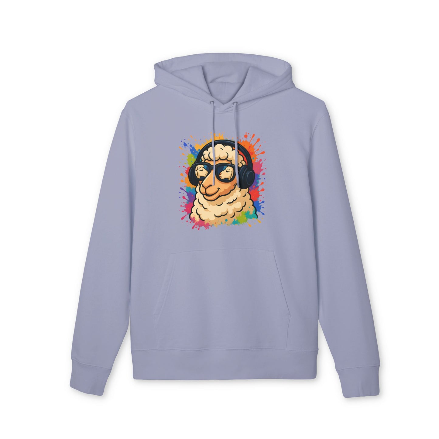Schaf Hoodie (Brustprint) – Lustiger Unisex Kapuzenpullover mit Kopfhörer-Schaf & buntem Farbspritzer-Design