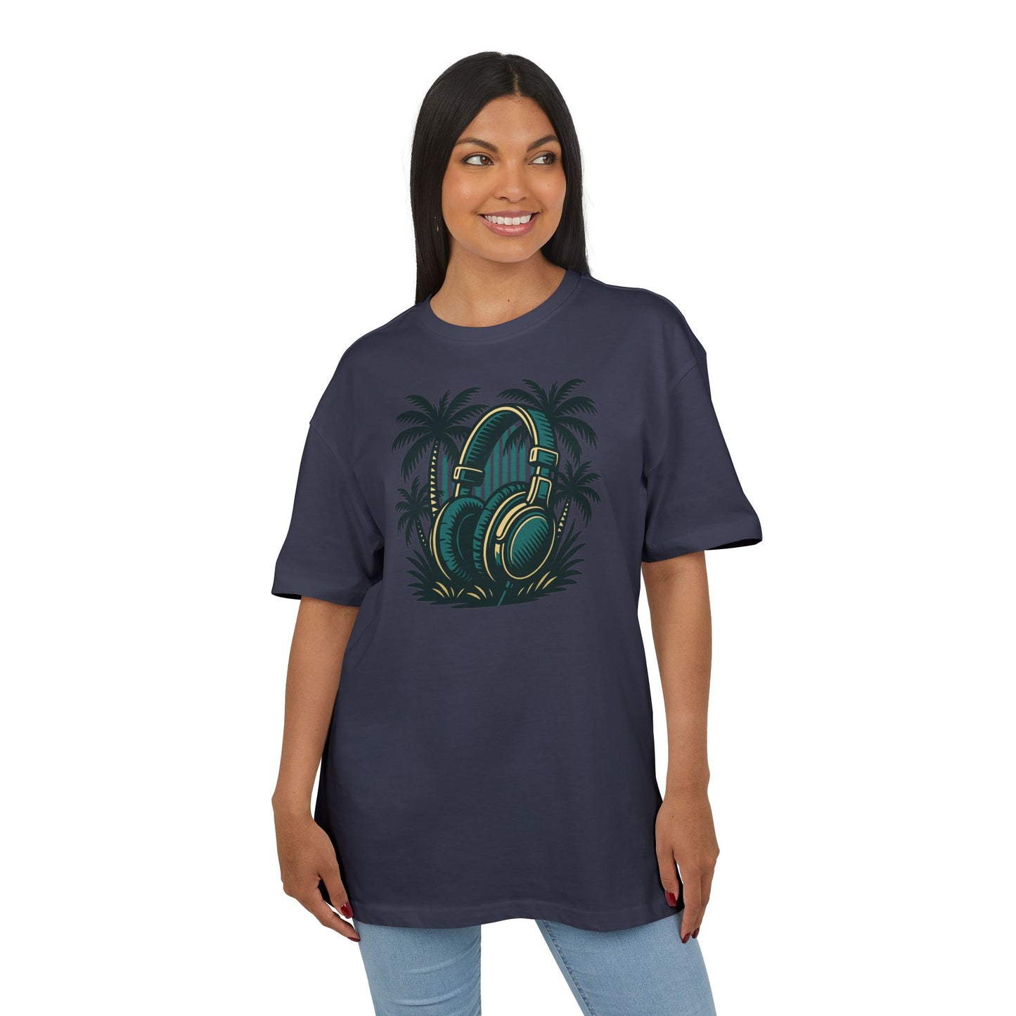 Retro T-Shirt mit Kopfhörer & Palmen (Brustprint)– Musik & Beach Vibes im Vintage Look