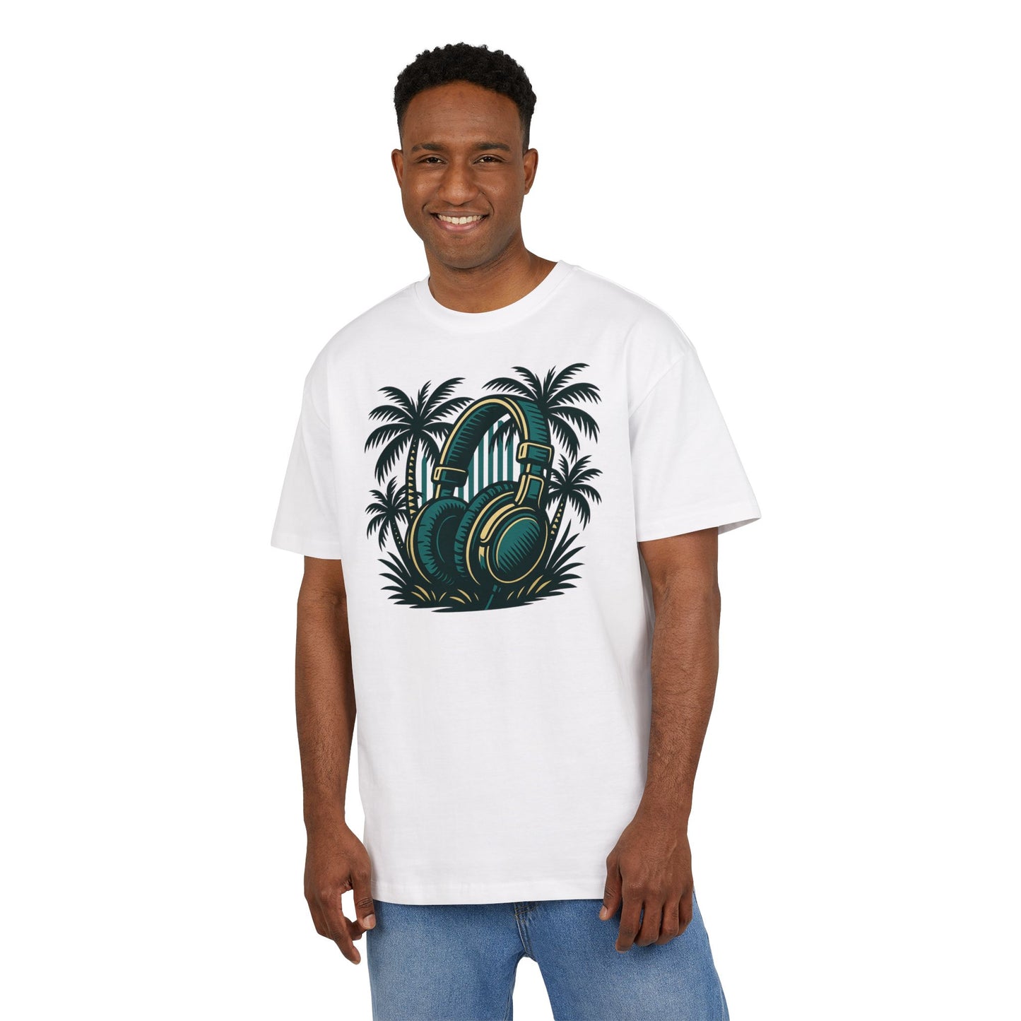 Retro T-Shirt mit Kopfhörer & Palmen (Brustprint)– Musik & Beach Vibes im Vintage Look
