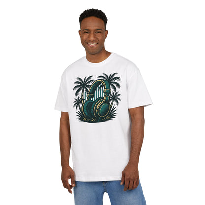 Retro T-Shirt mit Kopfhörer & Palmen (Brustprint)– Musik & Beach Vibes im Vintage Look