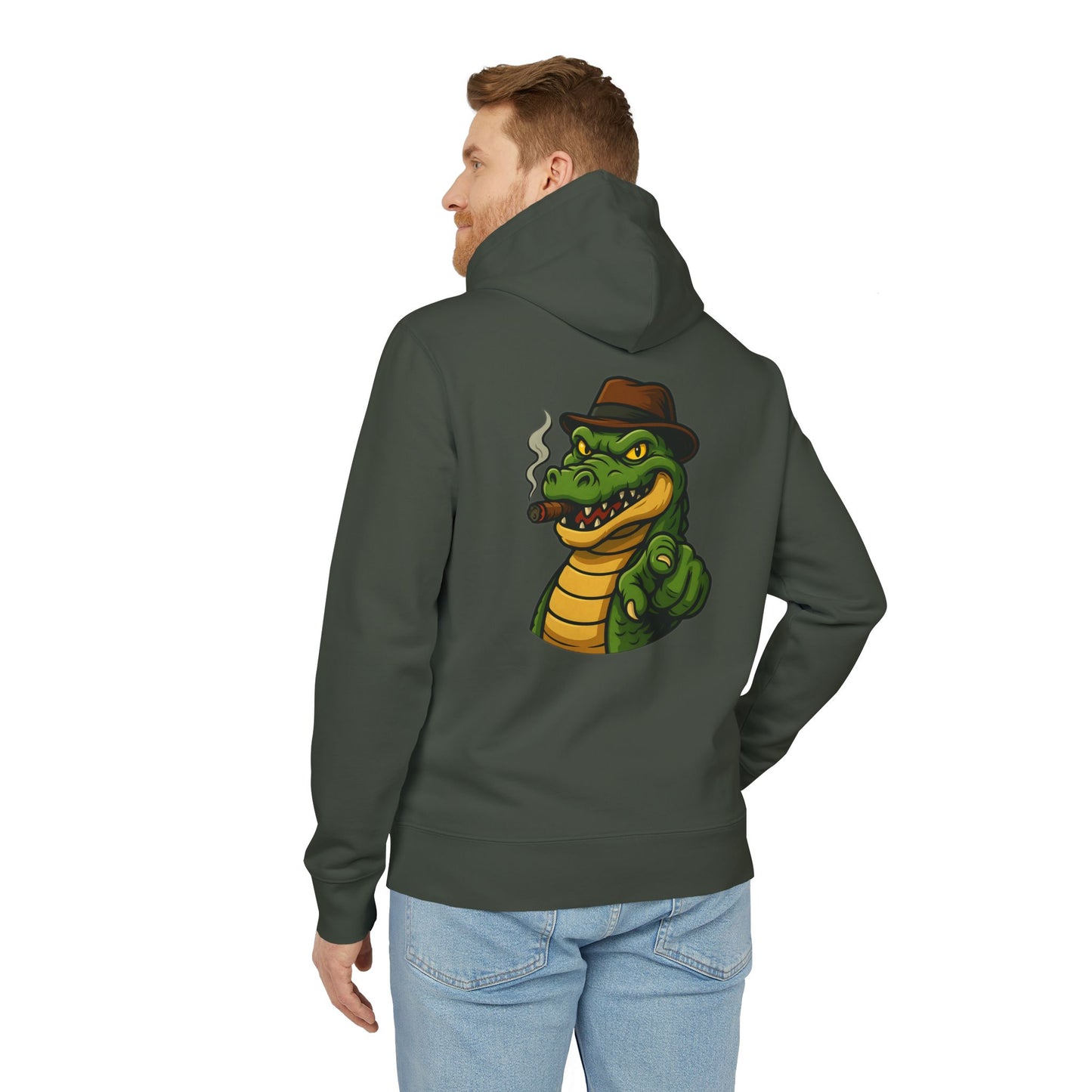 Gangster Alligator Hoodie (Rückenprint) – Cooler Unisex Kapuzenpullover mit Krokodil, Zigarre & Hut im Comic Style