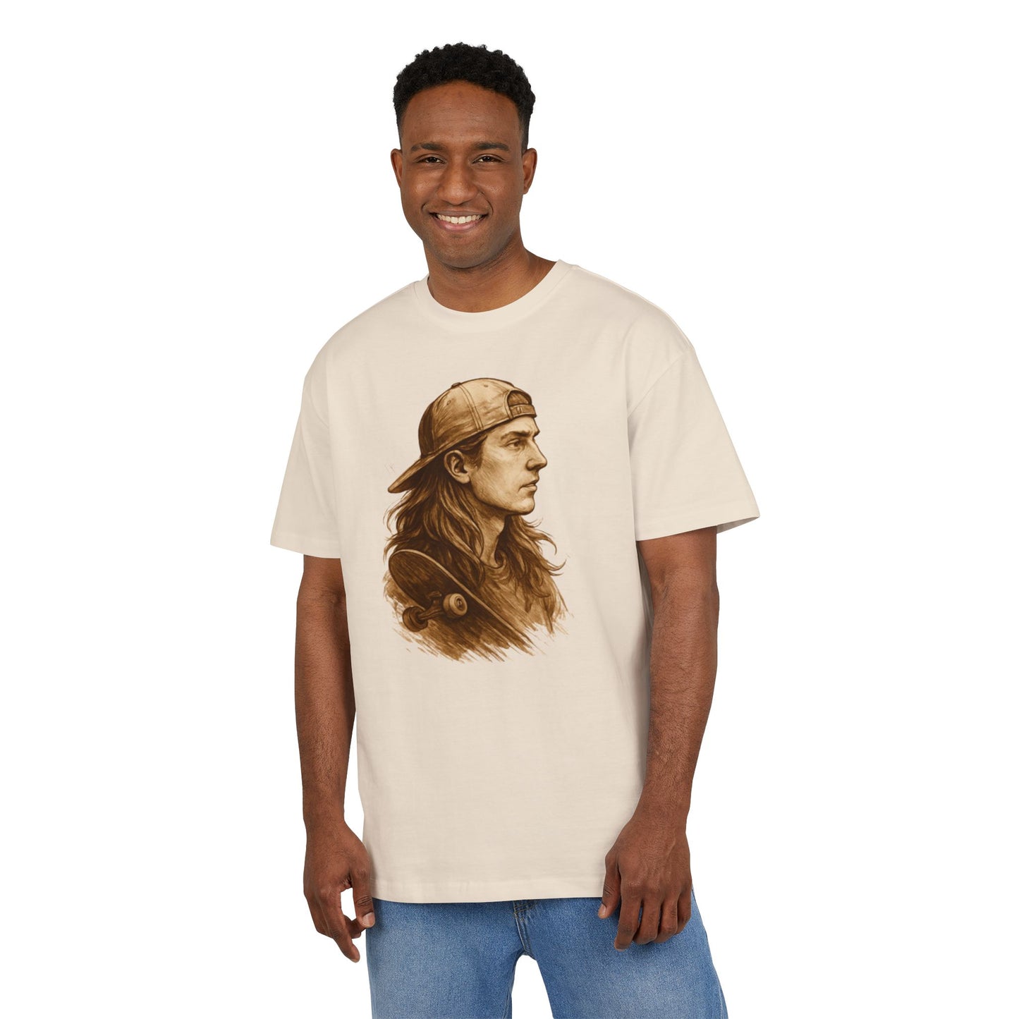 Skater Style T-Shirt (Brustprint) – Retro Kunst-Design mit Langhaar-Skater und Cap – Vintage Skateboard Look