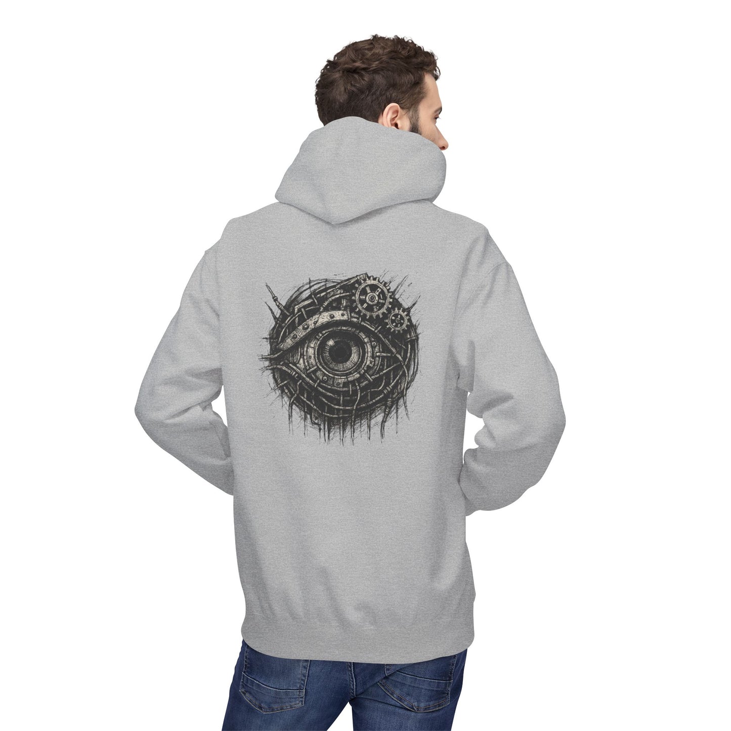 Biomechanisches Auge Hoodie Unisex – Cyberpunk Kapuzenpullover mit Zahnrädern & Kabeln | Futuristischer Techwear Look