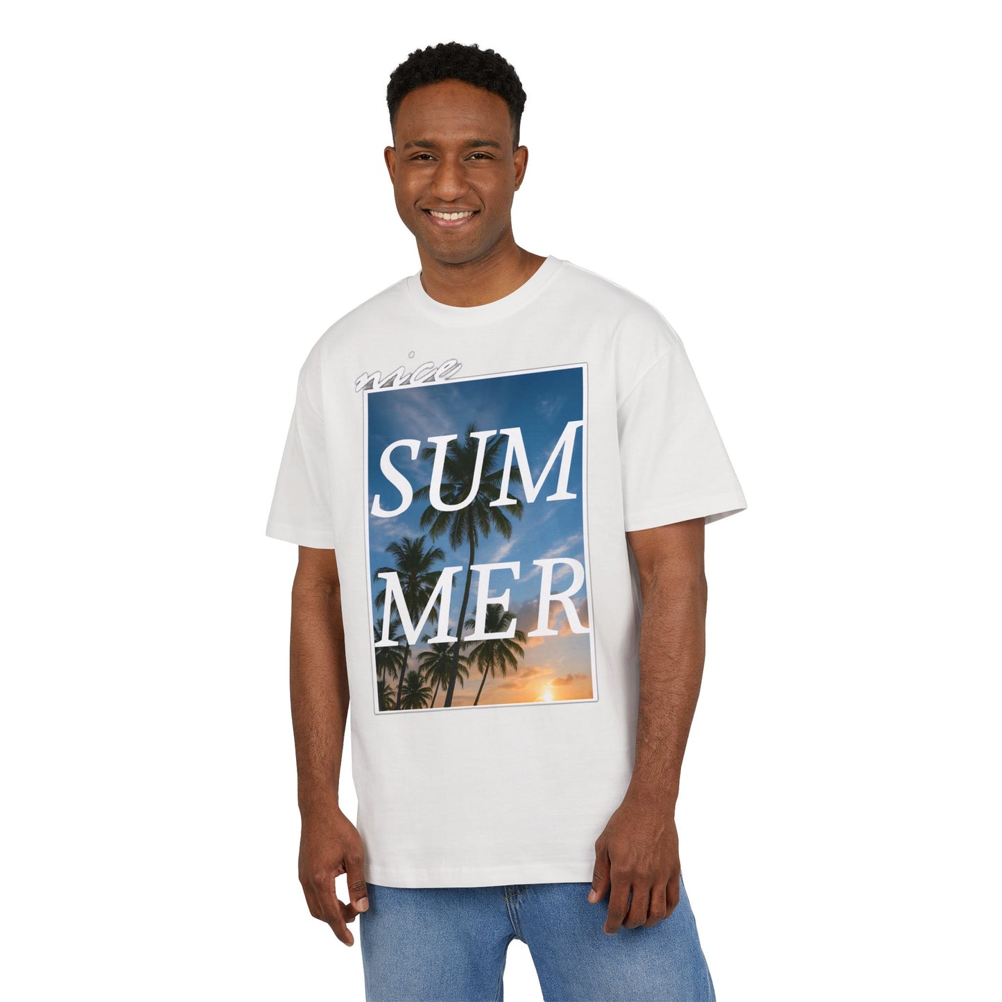 Nice Summer T-Shirt (Brustprint)– Palmendesign, Sonnenuntergang & Urlaubs-Vibes | Unisex Oversize Shirt für den Sommerlook