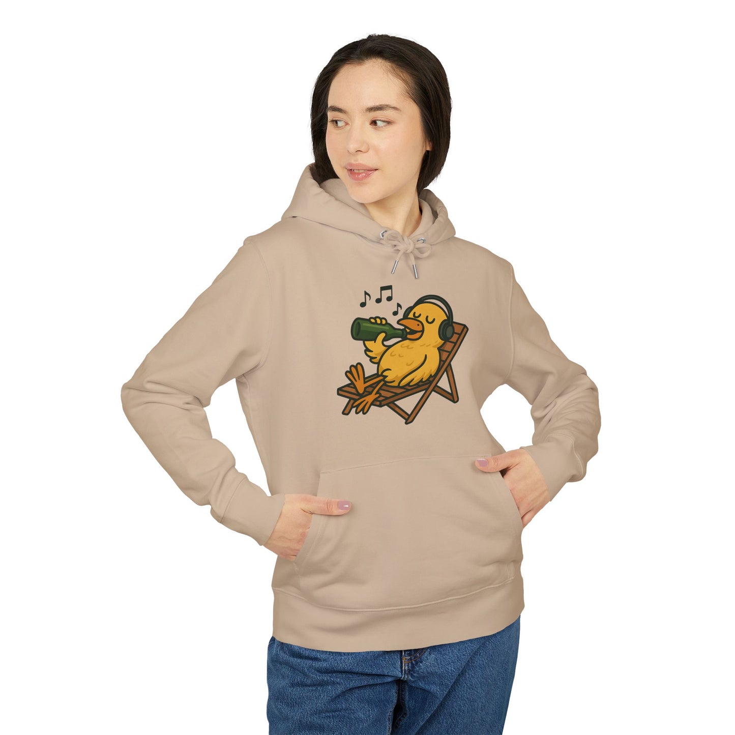 Chillente Hoodie (Brustprint) – Lustiger Unisex Kapuzenpullover mit Ente, Bier & Musik-Motiv | Perfekt für Freizeit, Festivals & Sommer