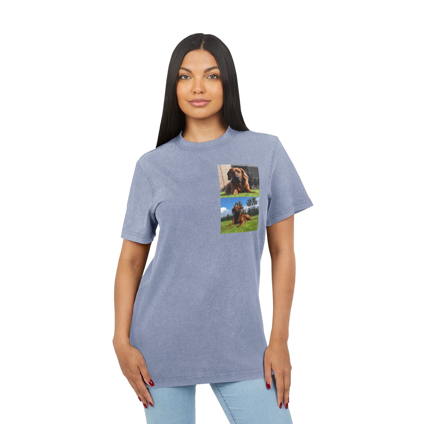 Dog print Vintage Style Acid Washed Round Neck Tee - Eco-Friendly T-Shirt, Everyday