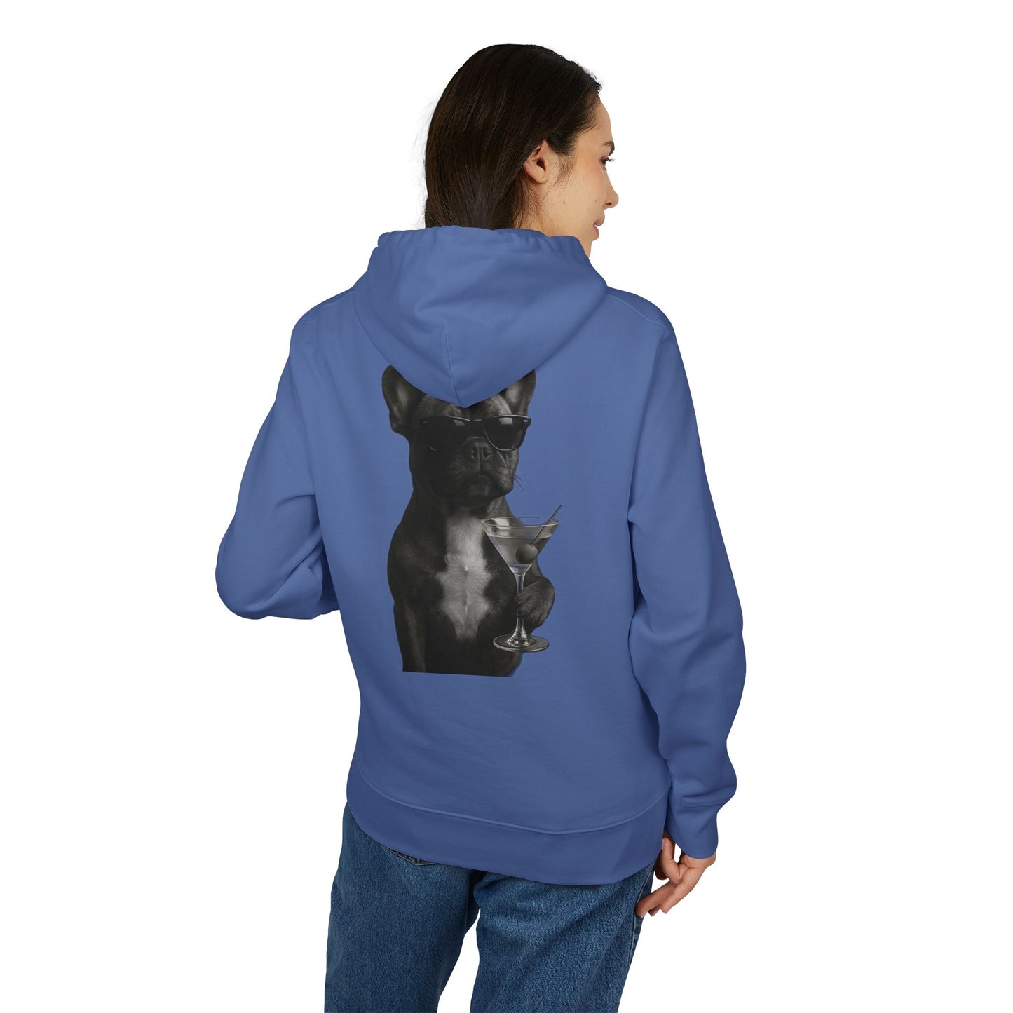 French Bulldog Hoodie (Rückenprint) – Lustiger Kapuzenpullover mit Hund & Sonnenbrille – Unisex Streetwear mit Tiermotiv