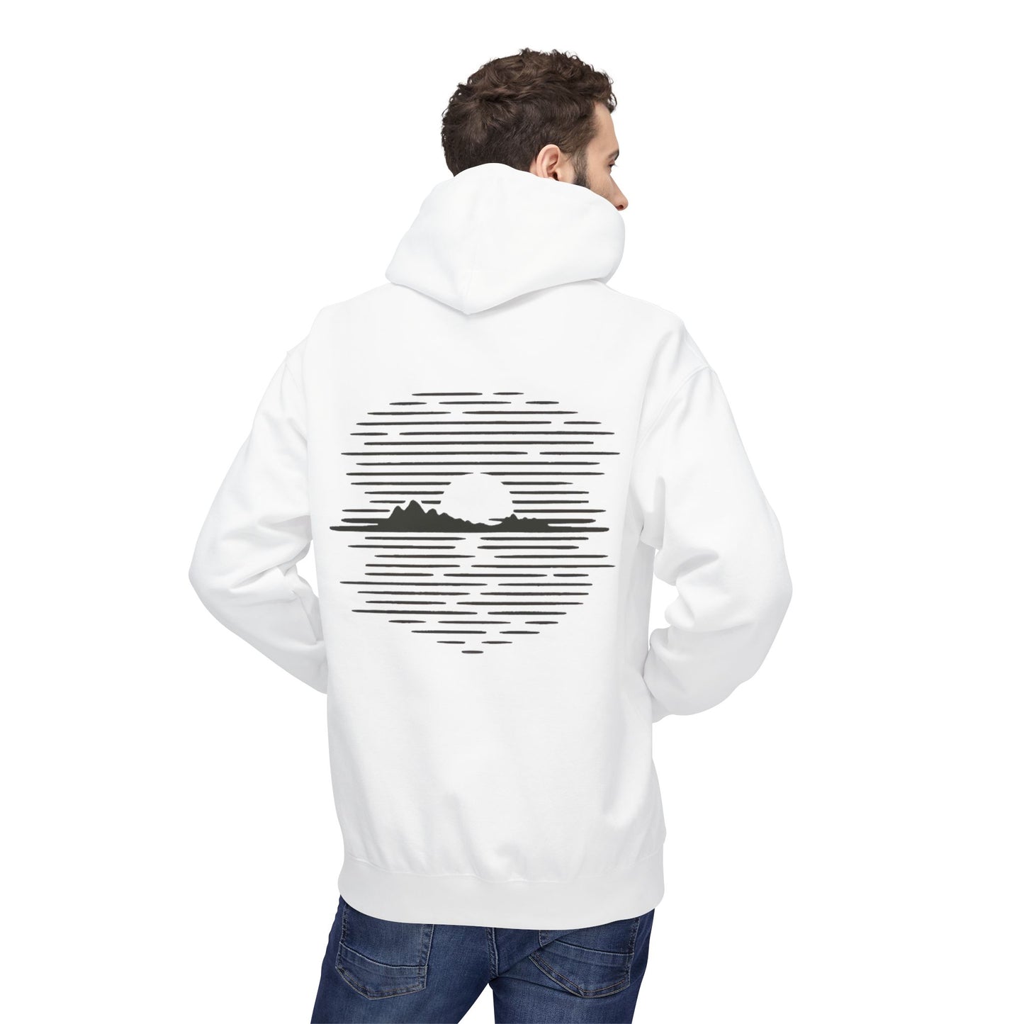 Unisex Hoodie mit Berg-Sonnenuntergang Design (Rückenprint) – Minimalistischer Natur Pullover aus Baumwolle