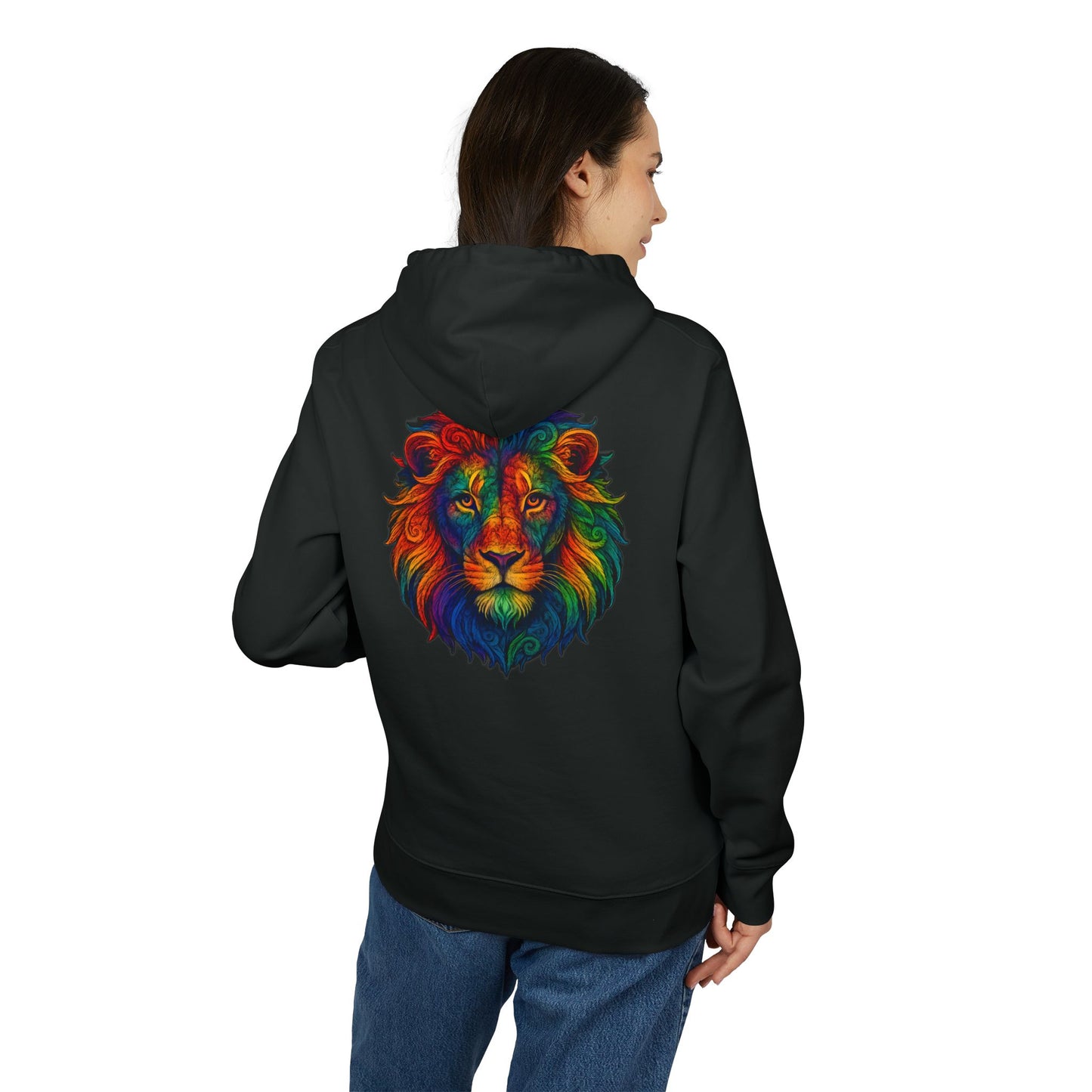Bunter Löwen Hoodie (Rückenprint) – Psychedelischer Kapuzenpullover mit Tiermotiv – Unisex Streetwear im Boho & Festival Stil