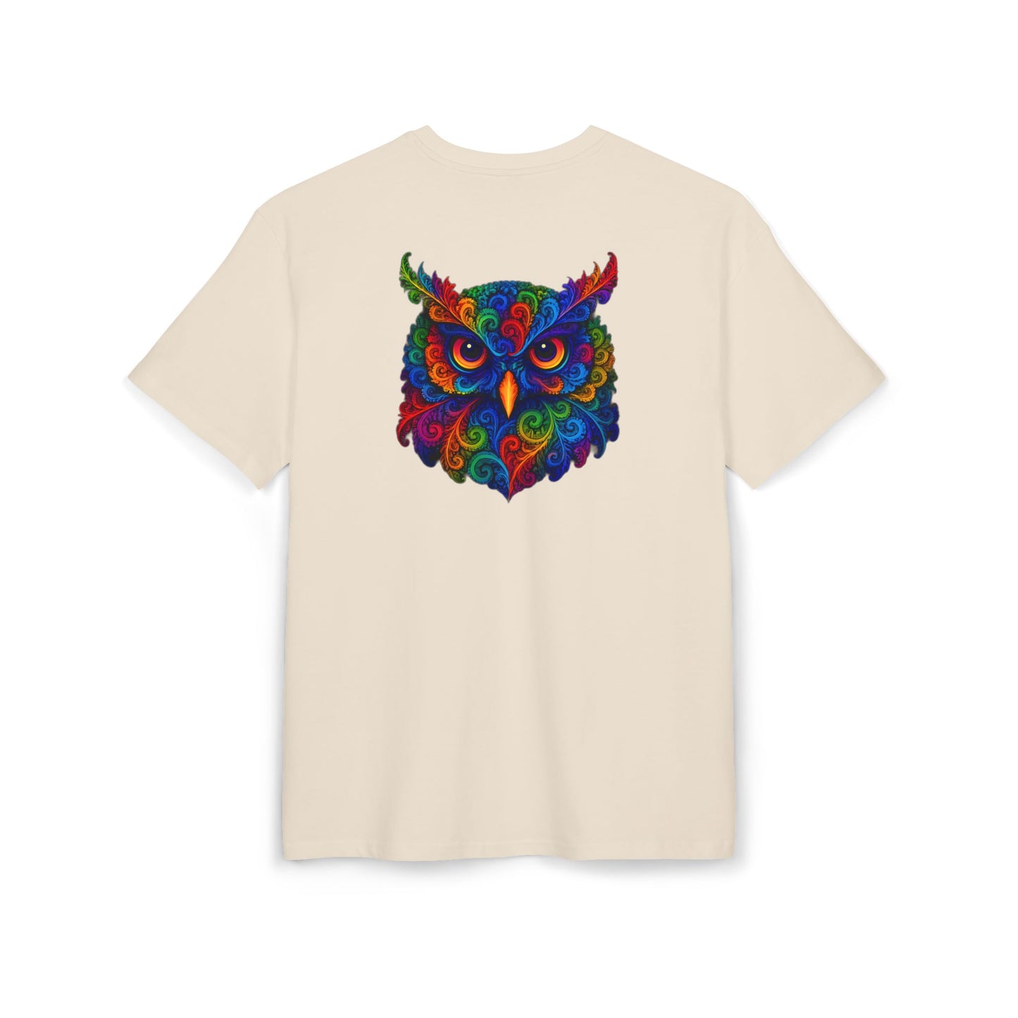 Buntes Eulen T-Shirt (Rückenprint) – Psychedelisches Tiermotiv im Boho-Stil – Unisex Shirt mit farbenfrohem, detailliertem Eulen-Design