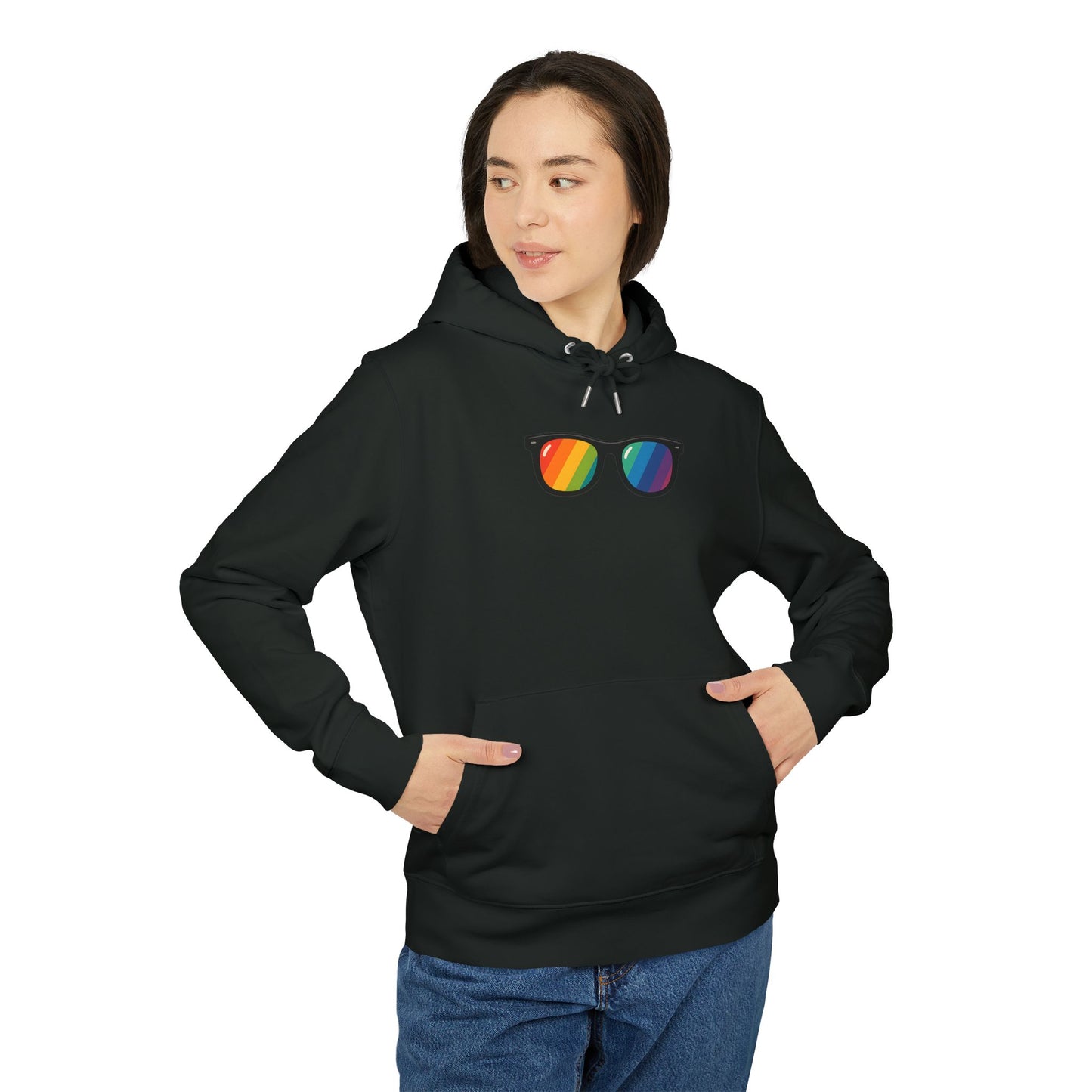 Regenbogen Sonnenbrille Hoodie (Brustprint) – Unisex Kapuzenpullover im bunten Pride Design für Festival & Streetwear
