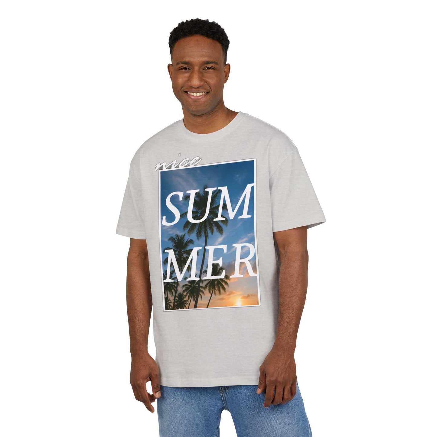 Nice Summer T-Shirt (Brustprint)– Palmendesign, Sonnenuntergang & Urlaubs-Vibes | Unisex Oversize Shirt für den Sommerlook