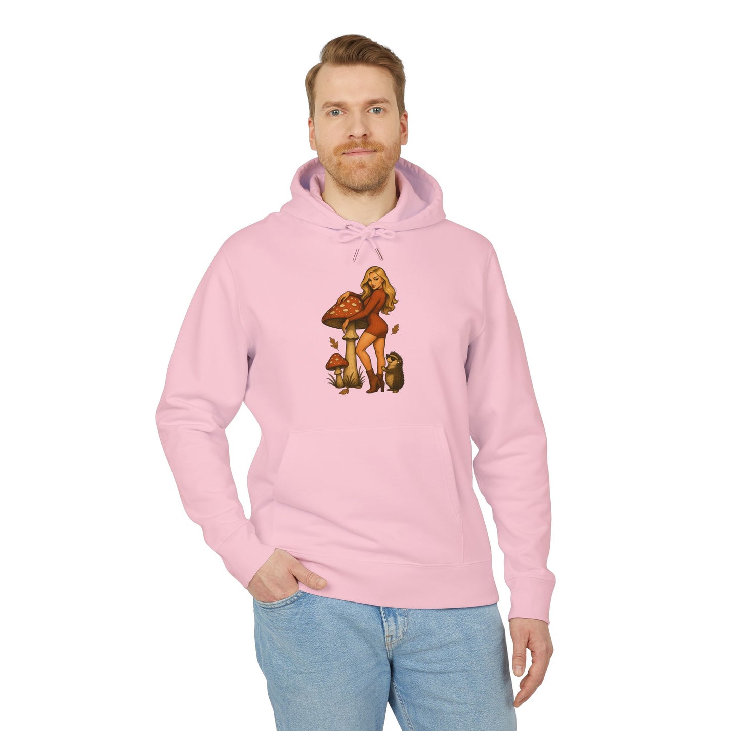 Vintage Pilz Fee & Igel Hoodie (Brustprint) – Retro Waldmotiv Kapuzenpullover für Natur- & Pilzliebhaber