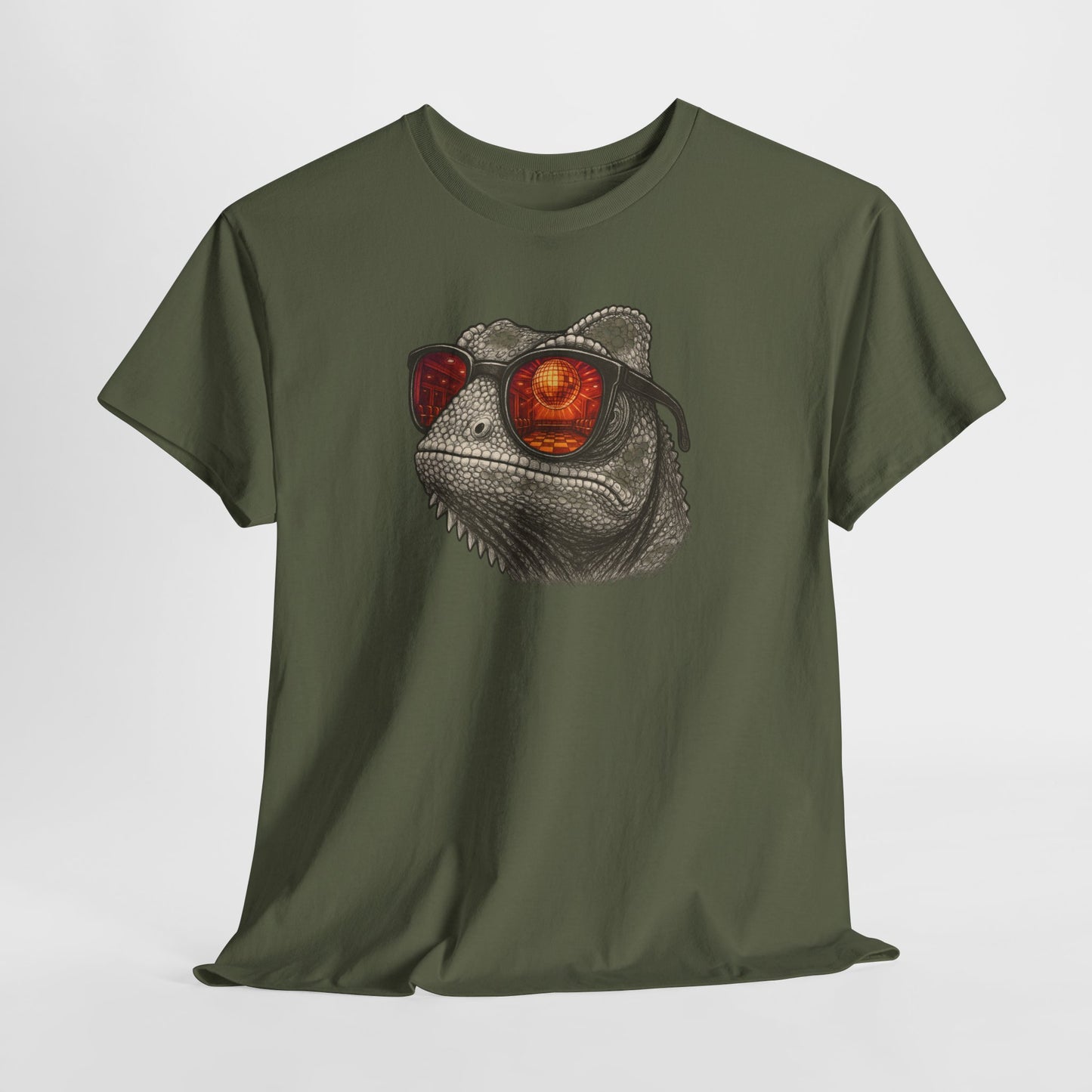 Chamäleon Disco T-Shirt (Brustprint) – Lustiges Tiermotiv mit Sonnenbrille | Retro Club Design für Tierfreunde & Festivalfans