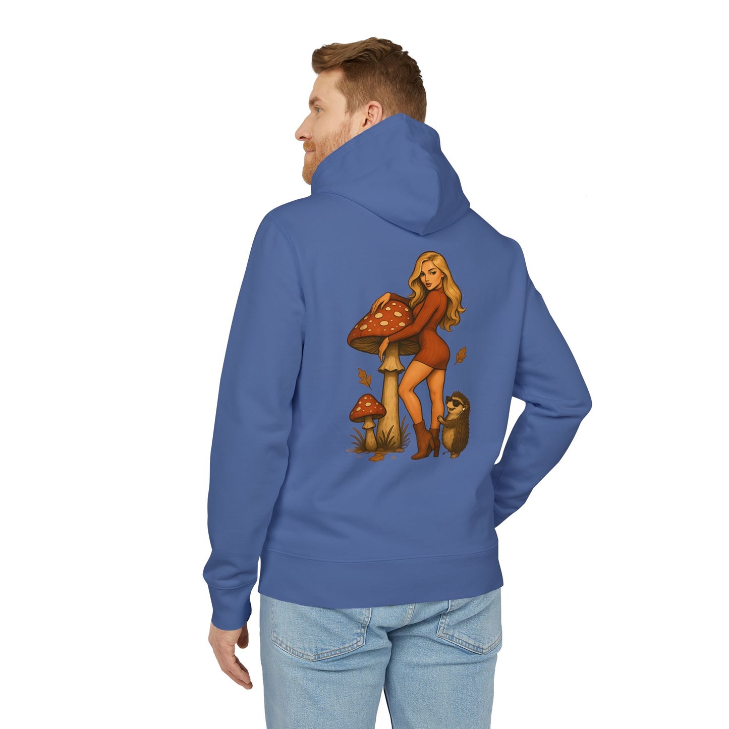 Vintage Pilz Fee & Igel Hoodie (Rückenprint) – Retro Waldmotiv Kapuzenpullover für Natur- & Pilzliebhaber