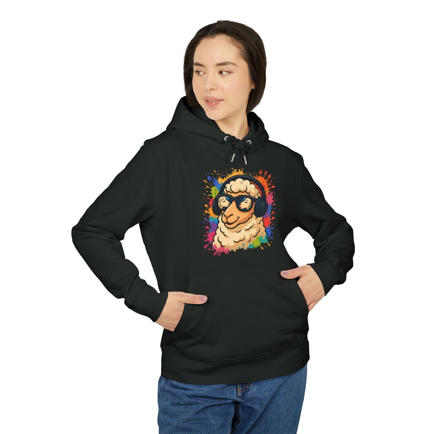 Schaf Hoodie (Brustprint) – Lustiger Unisex Kapuzenpullover mit Kopfhörer-Schaf & buntem Farbspritzer-Design
