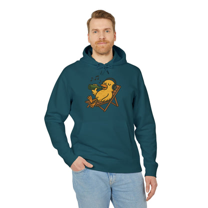 Chillente Hoodie (Brustprint) – Lustiger Unisex Kapuzenpullover mit Ente, Bier & Musik-Motiv | Perfekt für Freizeit, Festivals & Sommer