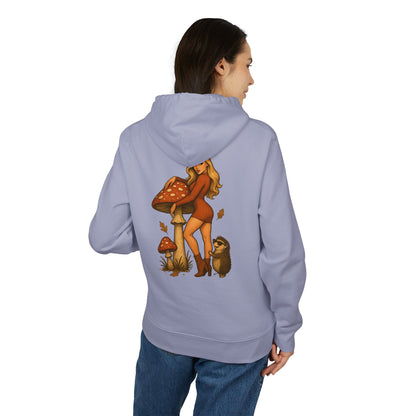Vintage Pilz Fee & Igel Hoodie (Rückenprint) – Retro Waldmotiv Kapuzenpullover für Natur- & Pilzliebhaber