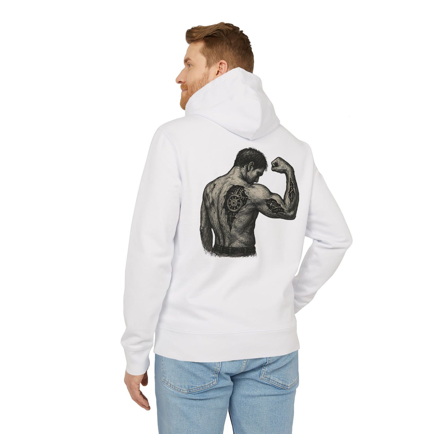 Biomechanik Hoodie Unisex (Rückenprint) – Muskel-Cyborg Design mit Zahnrädern & Maschinenstruktur | Futuristischer Techwear Kapuzenpullover für Sci-Fi & Fitness Fans