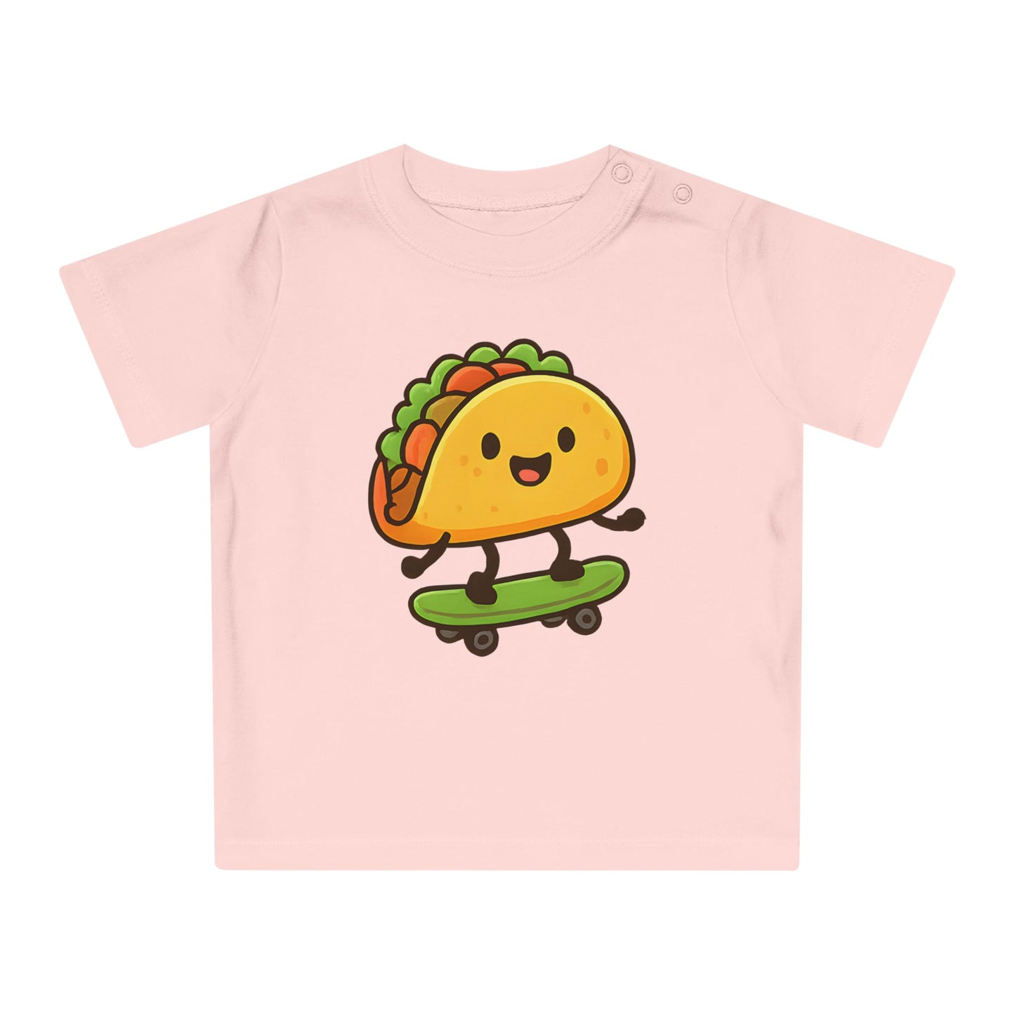 Baby T-Shirt „Taco Skater“ – Lustiges Taco-Motiv auf Skateboard, Bio-Baumwolle, nachhaltige Babybekleidung für kleine Trendsetter