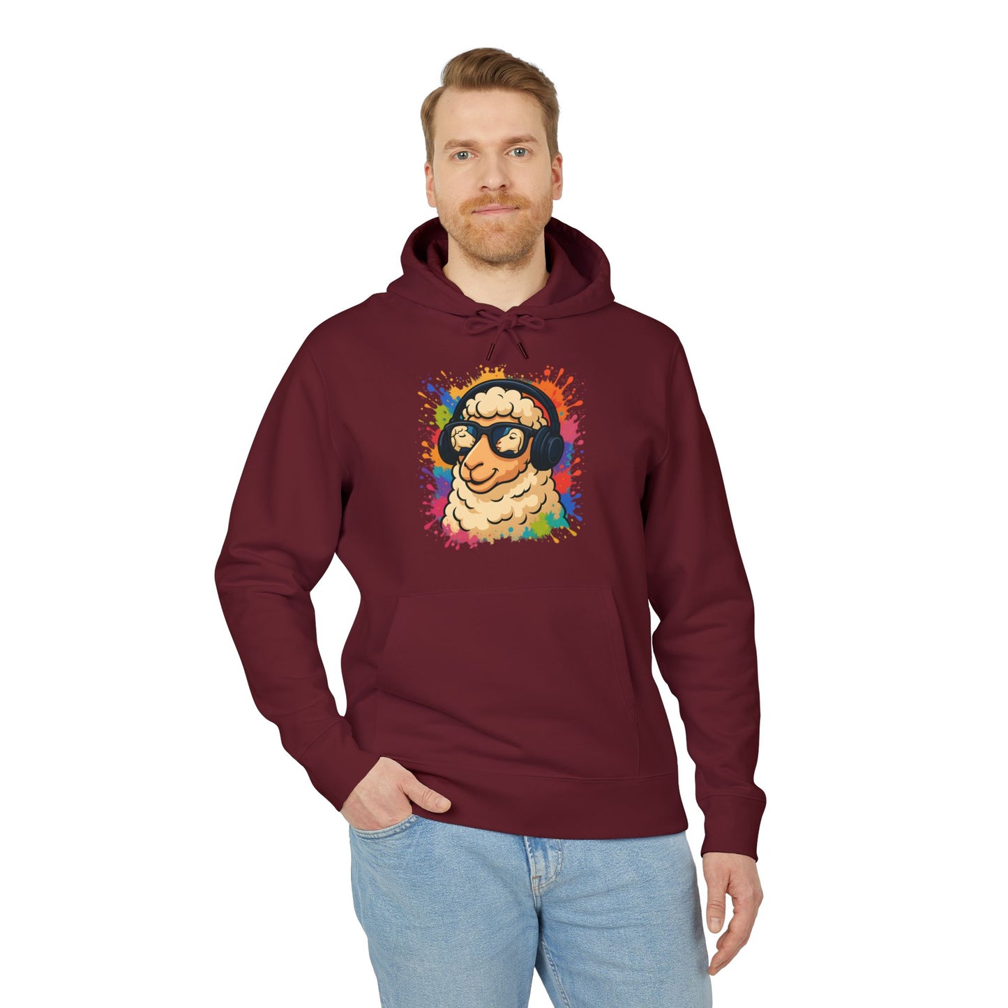 Schaf Hoodie (Brustprint) – Lustiger Unisex Kapuzenpullover mit Kopfhörer-Schaf & buntem Farbspritzer-Design