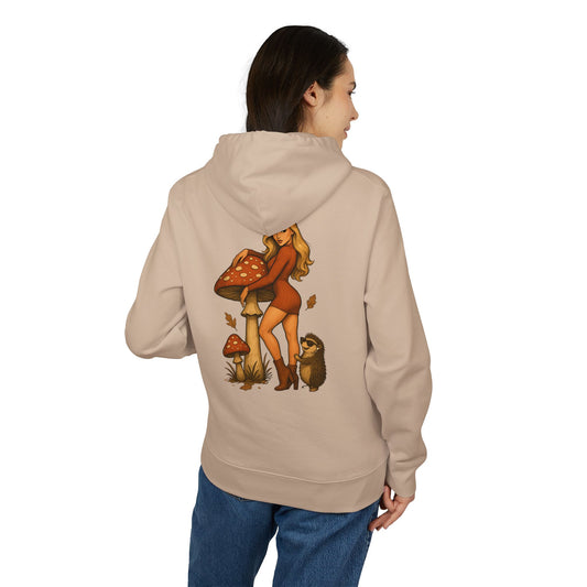 Vintage Pilz Fee & Igel Hoodie (Rückenprint) – Retro Waldmotiv Kapuzenpullover für Natur- & Pilzliebhaber