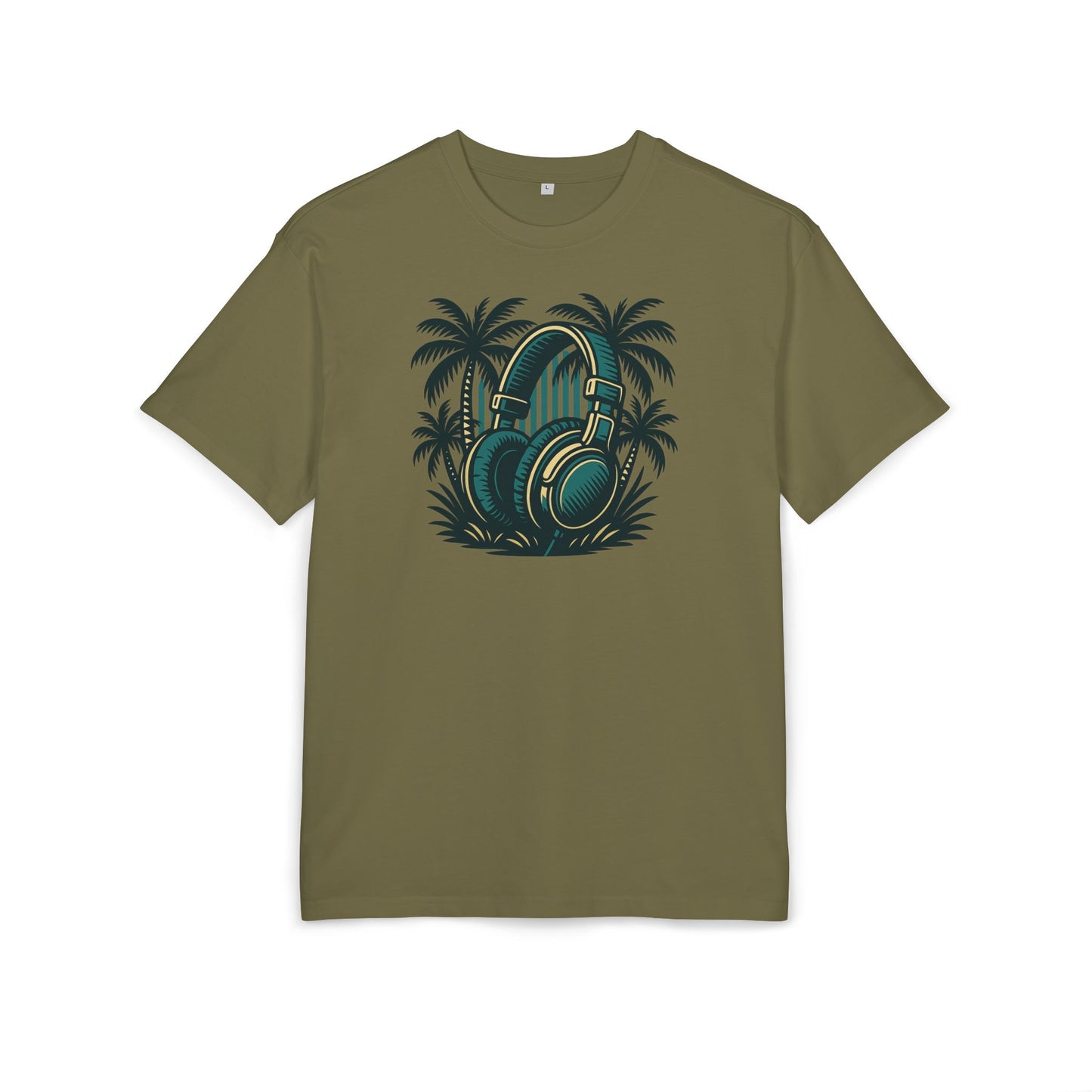 Retro T-Shirt mit Kopfhörer & Palmen (Brustprint)– Musik & Beach Vibes im Vintage Look