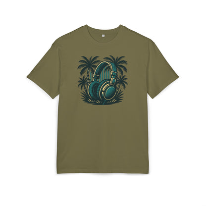 Retro T-Shirt mit Kopfhörer & Palmen (Brustprint)– Musik & Beach Vibes im Vintage Look