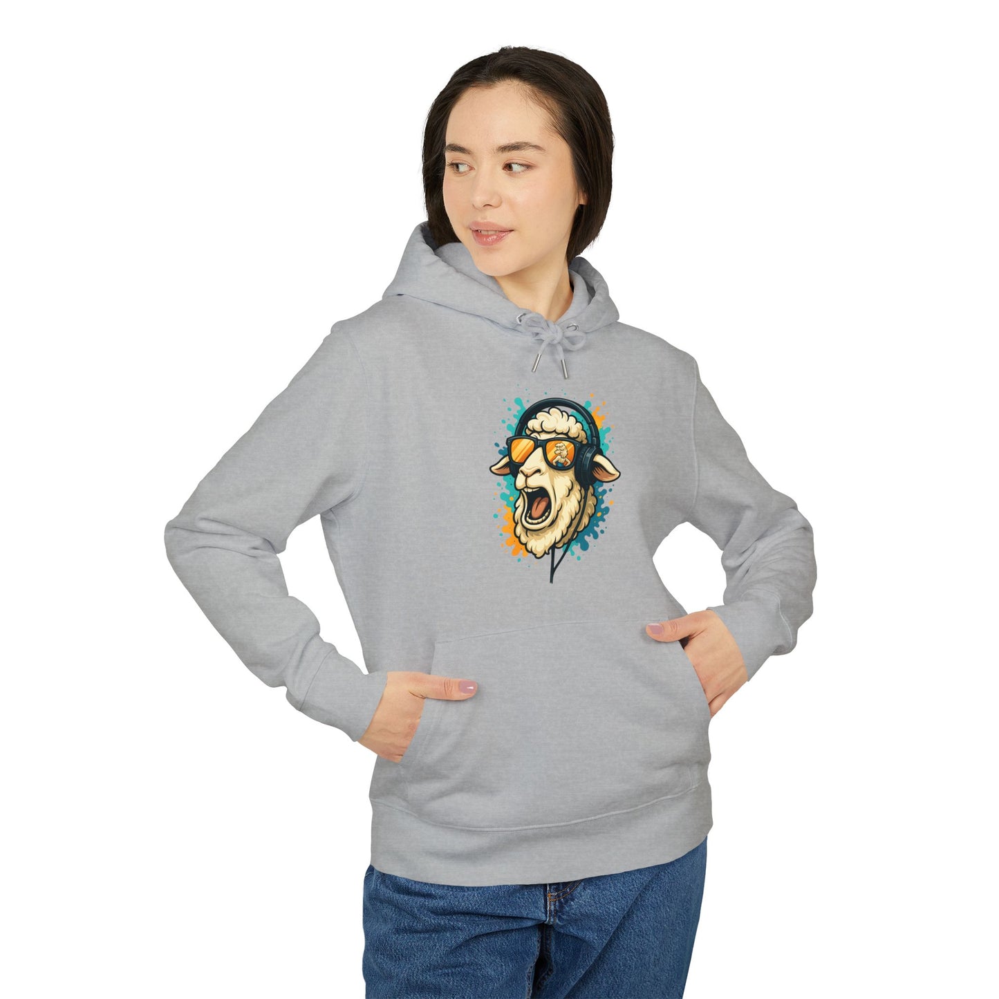 Lustiger Schaf Hoodie (Brustprint) – Unisex Kapuzenpullover mit Kopfhörer & Sonnenbrille – Musik Cartoon Streetwear für Tierfreunde
