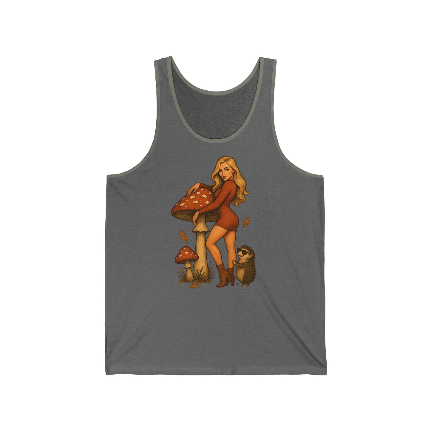 Vintage Pilzmädchen Damen Tanktop (Brustprint) – Retro Fliegenpilz Design mit Igel & Herbstblättern