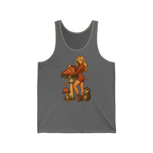 Vintage Pilzmädchen Damen Tanktop (Brustprint) – Retro Fliegenpilz Design mit Igel & Herbstblättern