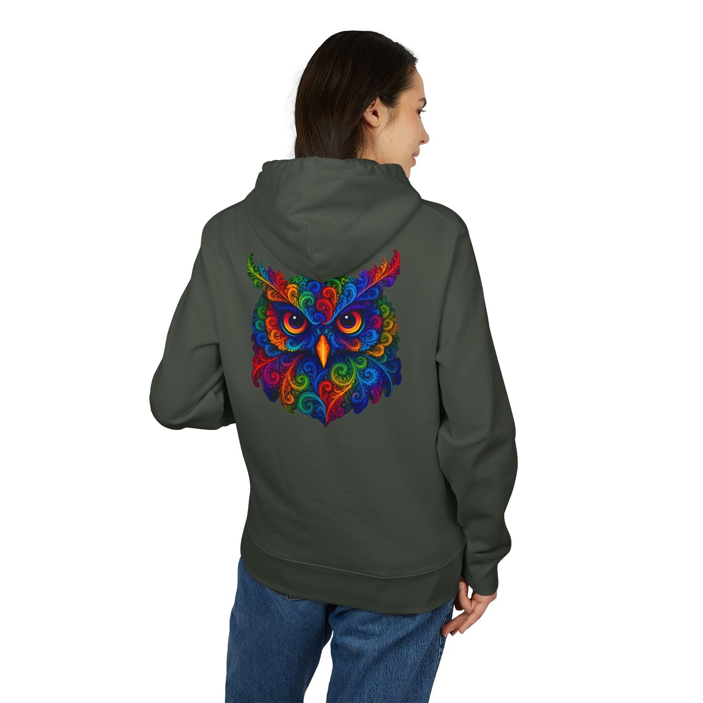 Bunter Eulen Hoodie (Rückenprint) – Psychedelischer Boho Kapuzenpullover mit Tiermotiv – Unisex Streetwear für Kunst- & Festival-Fans