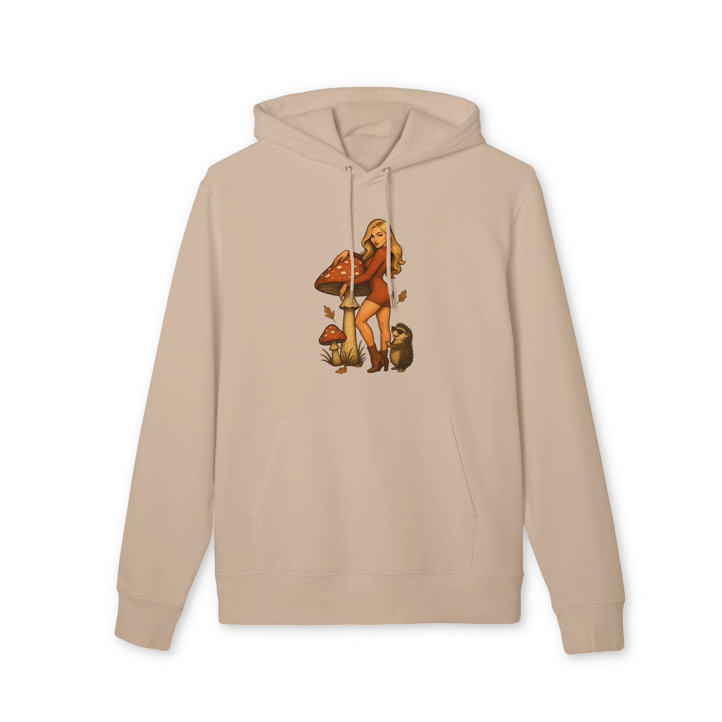 Vintage Pilz Fee & Igel Hoodie (Brustprint) – Retro Waldmotiv Kapuzenpullover für Natur- & Pilzliebhaber