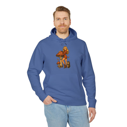 Vintage Pilz Fee & Igel Hoodie (Brustprint) – Retro Waldmotiv Kapuzenpullover für Natur- & Pilzliebhaber