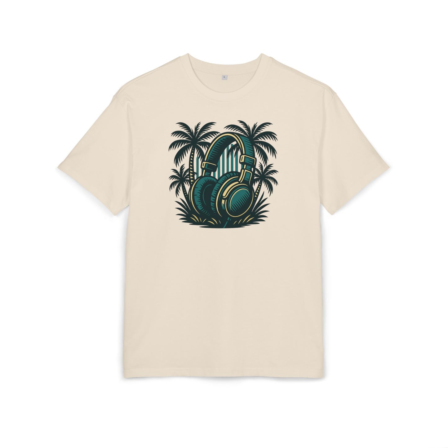Retro T-Shirt mit Kopfhörer & Palmen (Brustprint)– Musik & Beach Vibes im Vintage Look