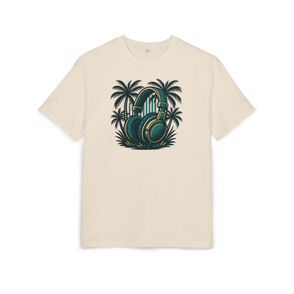 Retro T-Shirt mit Kopfhörer & Palmen (Brustprint)– Musik & Beach Vibes im Vintage Look