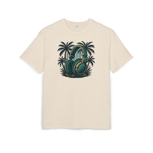 Retro T-Shirt mit Kopfhörer & Palmen (Brustprint)– Musik & Beach Vibes im Vintage Look