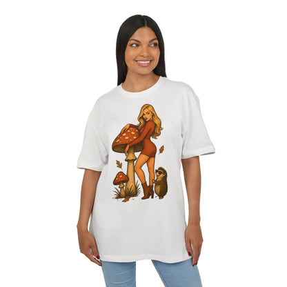 Vintage Pilz Fee & Igel Cartoon (Brustprint) – Retro Waldmotiv T-Shirt für Natur- & Pilzliebhaber
