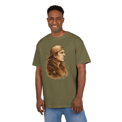 Skater Style T-Shirt (Brustprint) – Retro Kunst-Design mit Langhaar-Skater und Cap – Vintage Skateboard Look