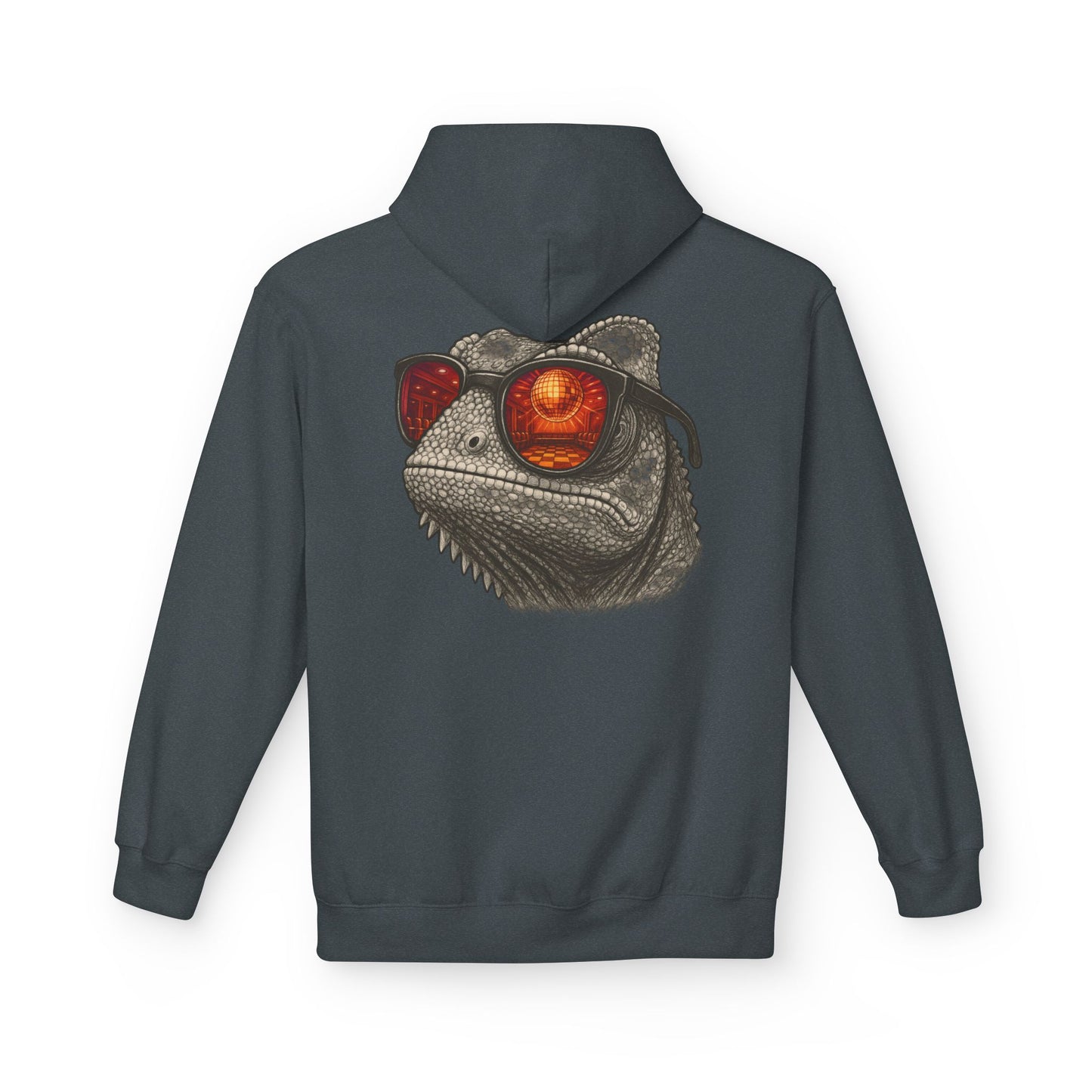 Chamäleon Hoodie Unisex (Rückenprint) – Retro Tiermotiv mit Sonnenbrille & Disco-Design – Lustiger Kapuzenpullover für Festival, Streetwear & Geschenkideen