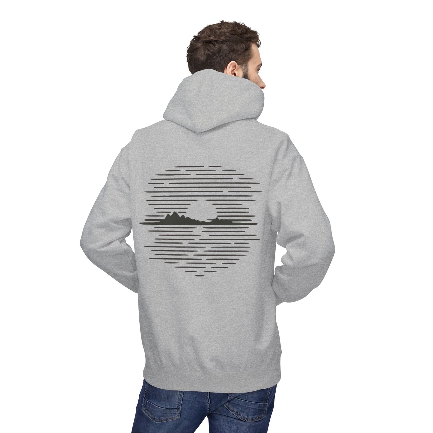 Unisex Hoodie mit Berg-Sonnenuntergang Design (Rückenprint) – Minimalistischer Natur Pullover aus Baumwolle