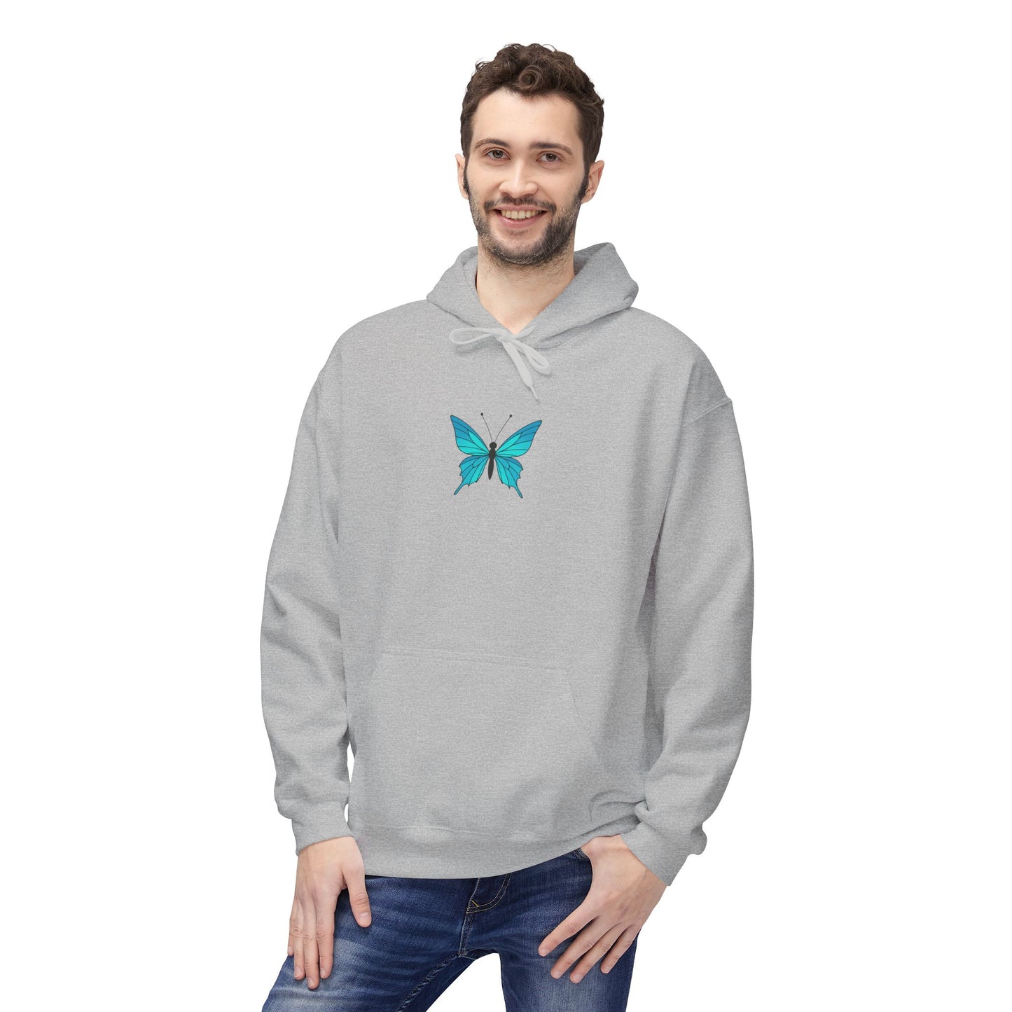 Blauer Schmetterling Hoodie Unisex (Brustprint) – Leuchtendes Butterfly Design | Nachhaltiger Kapuzenpullover aus Baumwolle
