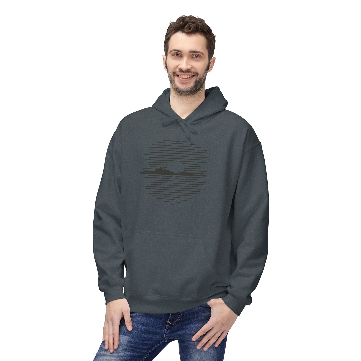 Unisex Hoodie mit Berg-Sonnenuntergang Design (Brustprint) – Minimalistischer Natur Pullover aus Baumwolle