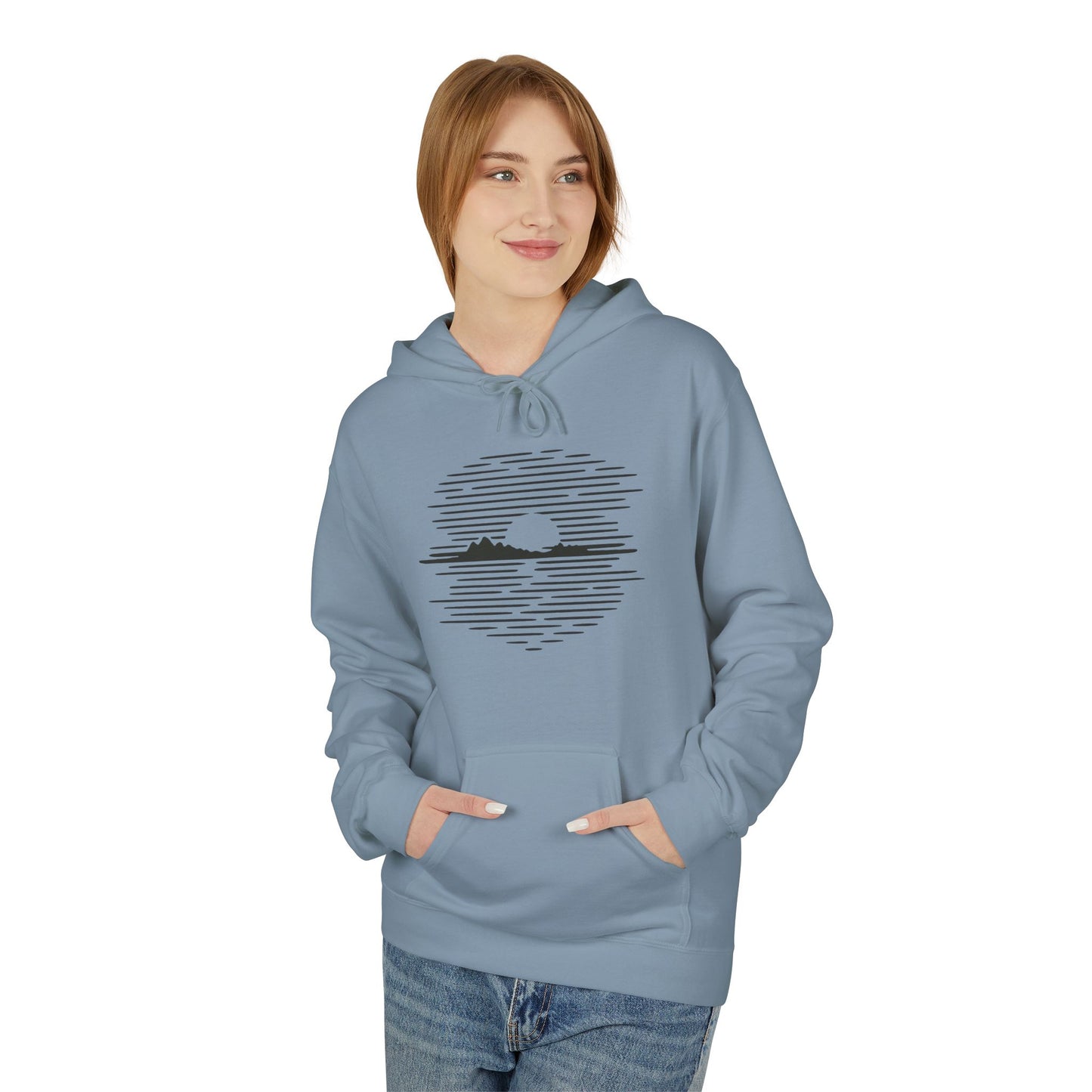 Unisex Hoodie mit Berg-Sonnenuntergang Design (Brustprint) – Minimalistischer Natur Pullover aus Baumwolle