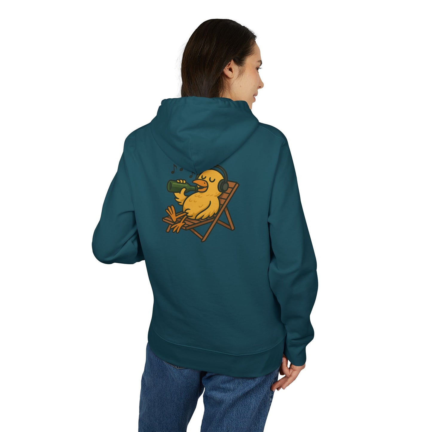 Chillente Hoodie (Rückenprint) – Lustiger Unisex Kapuzenpullover mit Ente, Bier & Musik-Motiv | Perfekt für Freizeit, Festivals & Sommer