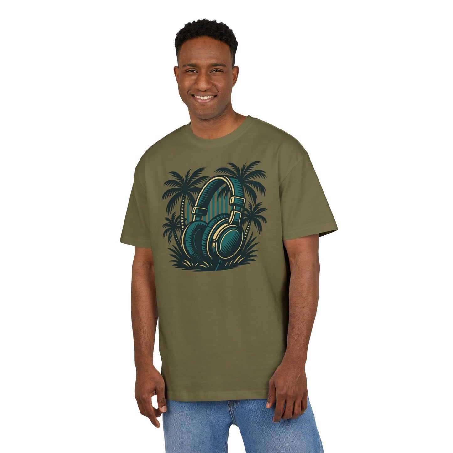 Retro T-Shirt mit Kopfhörer & Palmen (Brustprint)– Musik & Beach Vibes im Vintage Look