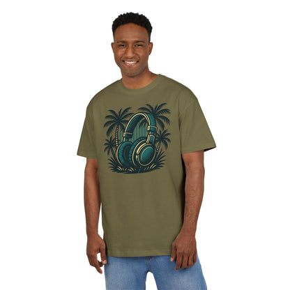 Retro T-Shirt mit Kopfhörer & Palmen (Brustprint)– Musik & Beach Vibes im Vintage Look