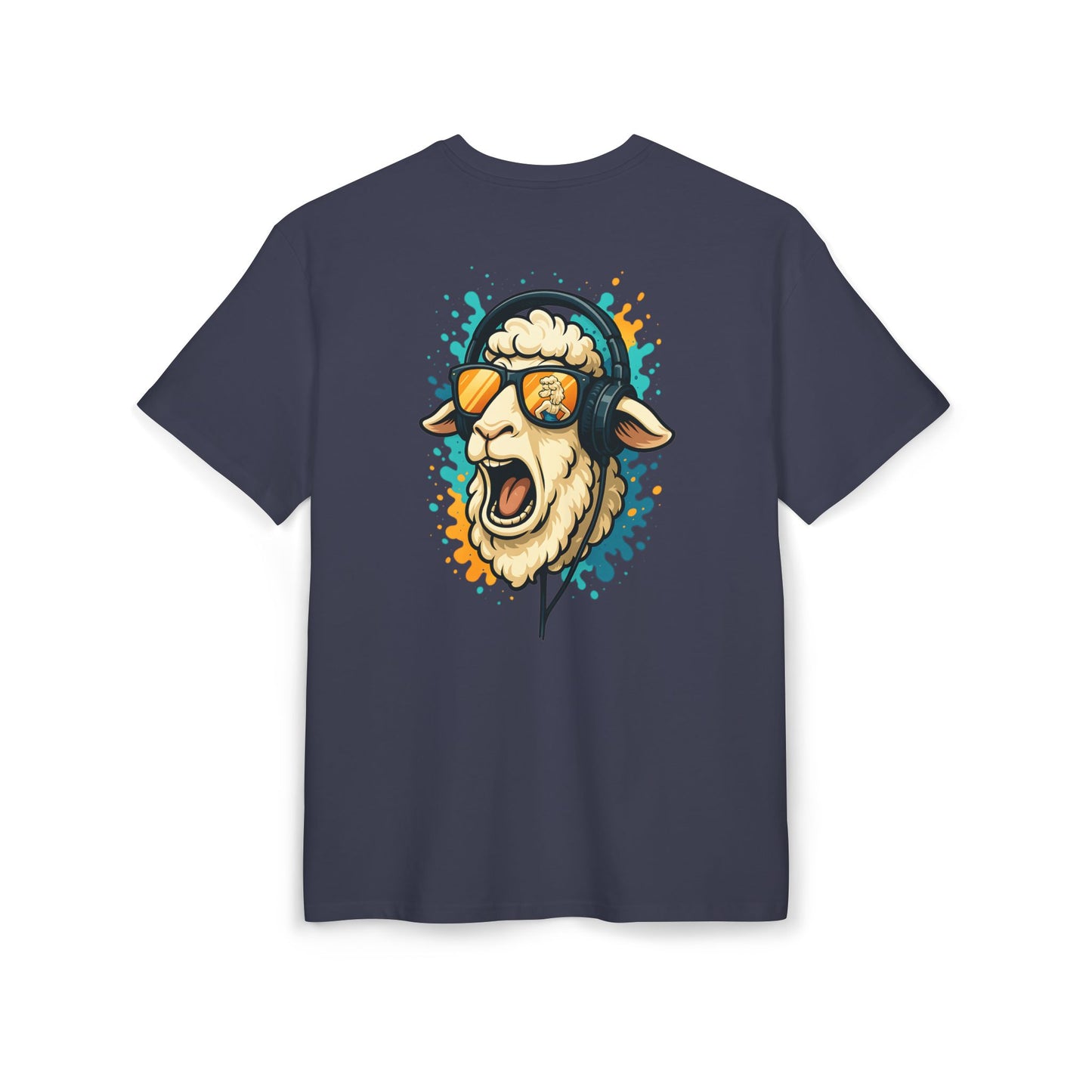 Lustiges Schaf T-Shirt (Rückenprint) – Cooles Cartoon-Motiv mit Kopfhörer & Sonnenbrille – Unisex Shirt für Musikfans & Tierliebhaber