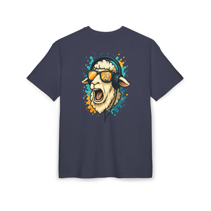 Lustiges Schaf T-Shirt (Rückenprint) – Cooles Cartoon-Motiv mit Kopfhörer & Sonnenbrille – Unisex Shirt für Musikfans & Tierliebhaber