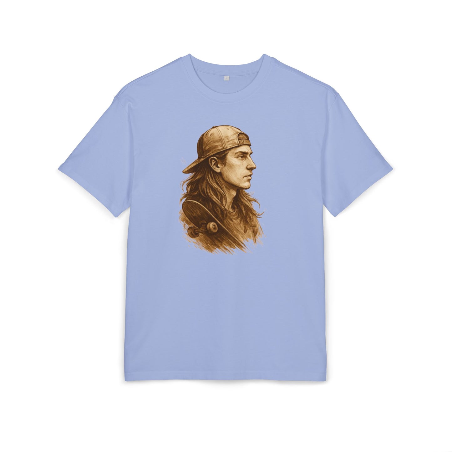 Skater Style T-Shirt (Brustprint) – Retro Kunst-Design mit Langhaar-Skater und Cap – Vintage Skateboard Look